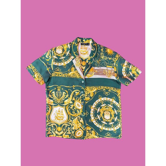 Size S | Vintage 1990s 90s Green Baroque Novelty Print Silk Button Up Blouse Top - Picture 9 of 10